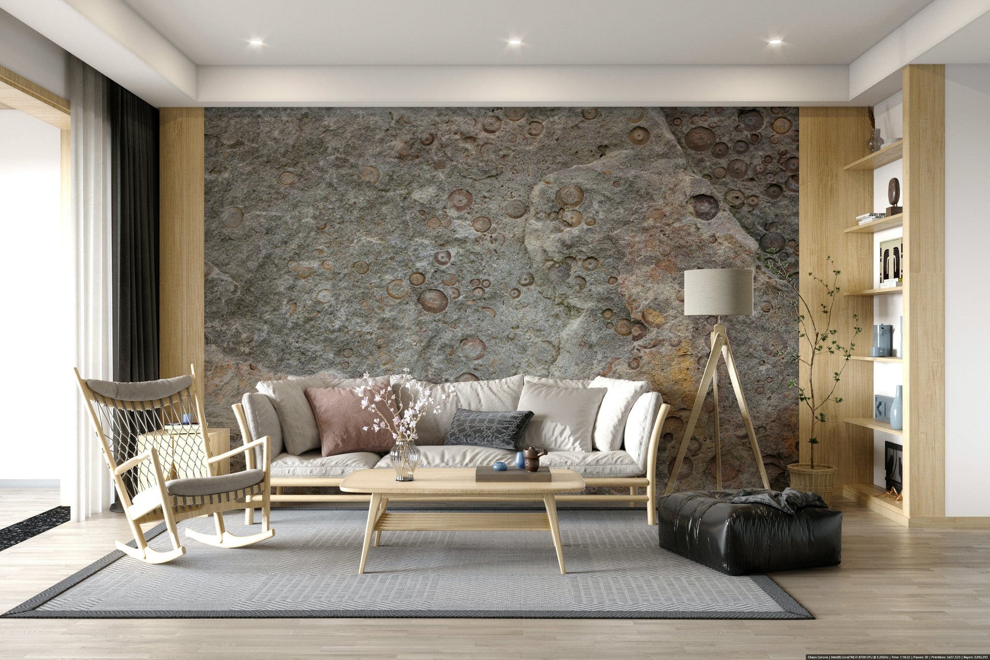 Decorative wall mural showcasing textured stone surfaces with fossil details.
