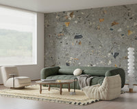 Mineral Fossil Stone Grey Terrazzo rich effect wallpaper.