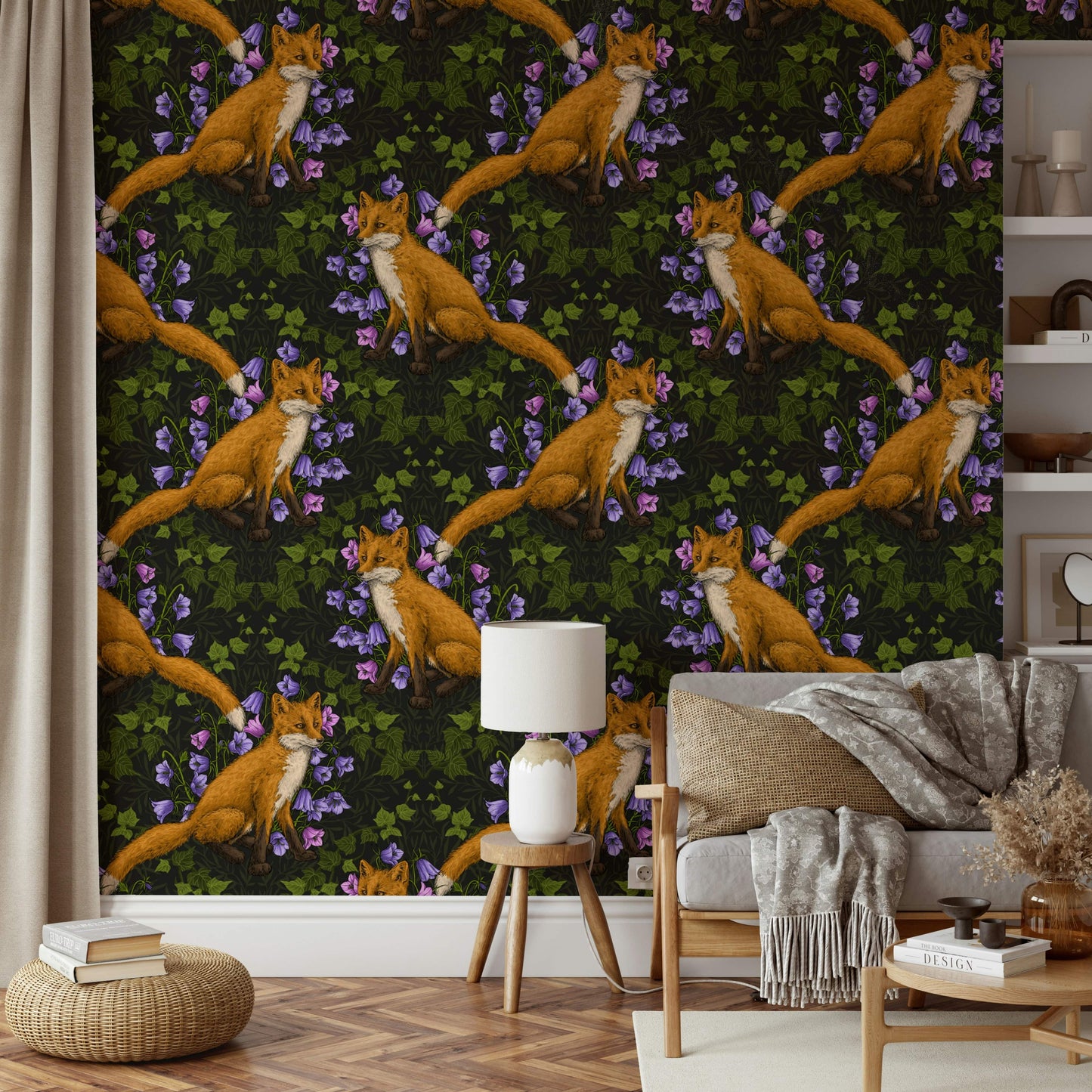 Forest Fox and Ivy Wallpaper – Whimsical, serene mural with foxes and intertwining ivy patterns.