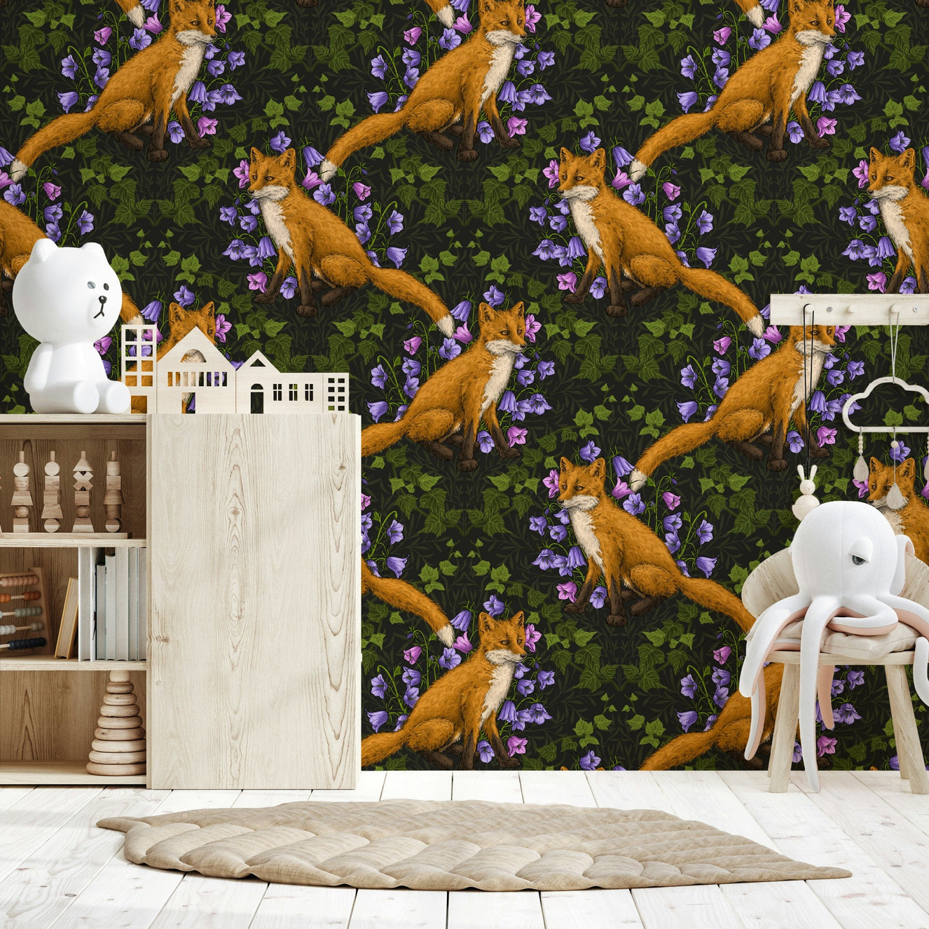 Woodland Whispers: Fox and Ivy Wallpaper – Elegant wallpaper featuring a fox nestled among twisting ivy and forest foliage.