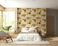 Whimsical nature-themed wallpaper with foxes roaming among yellow flowers.