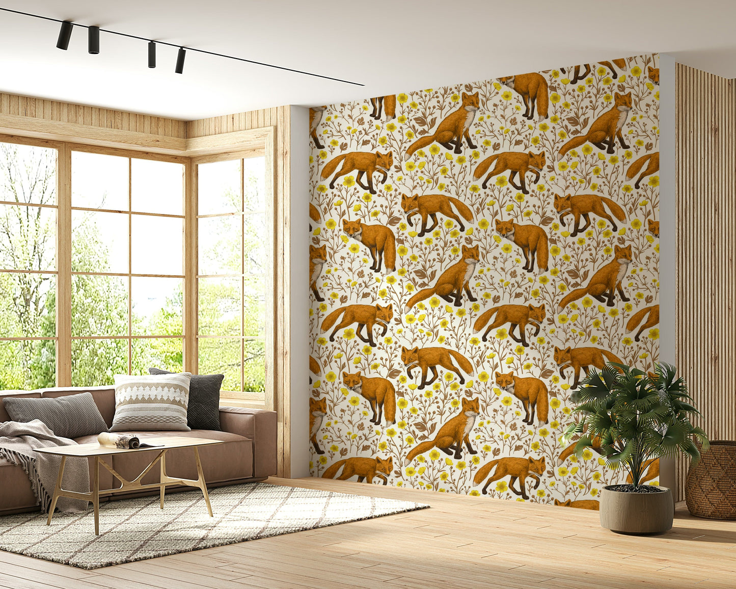 Nature-inspired wallpaper showcasing foxes in a meadow of buttercups on a white backdrop.