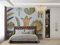 Golden fox wallpaper in a bright, minimalist home office space.