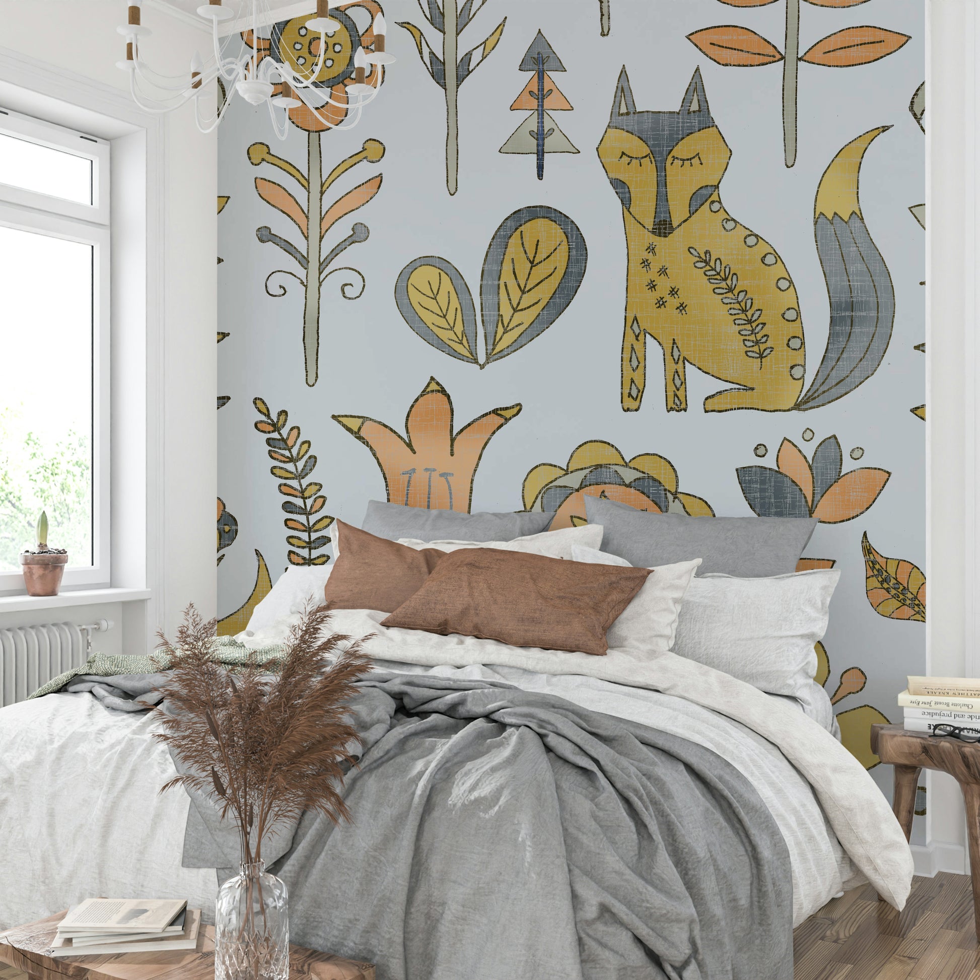 Modern apartment hallway featuring fox and meadow illustrated wall decor.
