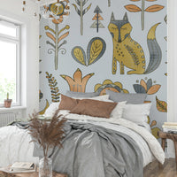 Modern apartment hallway featuring fox and meadow illustrated wall decor.