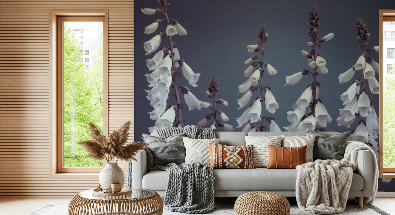 Foxglove Fantasy mural, tall white blossoms against a muted grey.