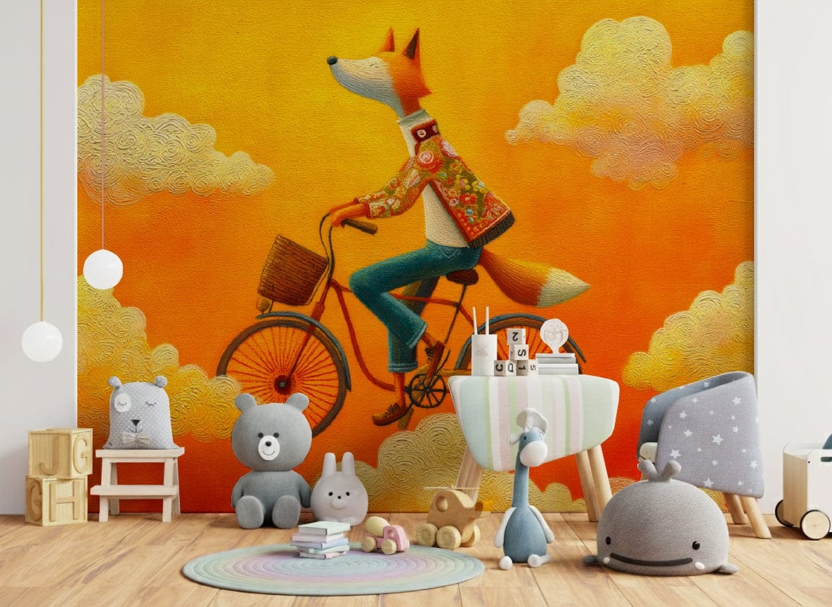 Fox's Aerial Adventure mural of a fox cycling in orange clouds in a nursery with plush bear and whale toys