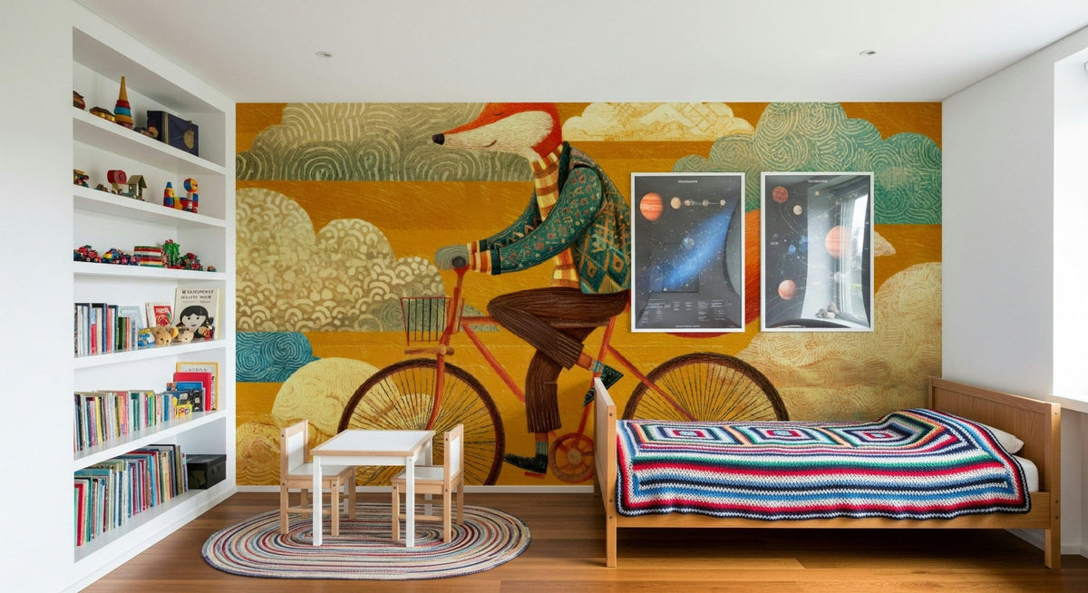 Fox's Autumnal Ride mural with a fox cycling through golden clouds above a kids room bed and toy shelves