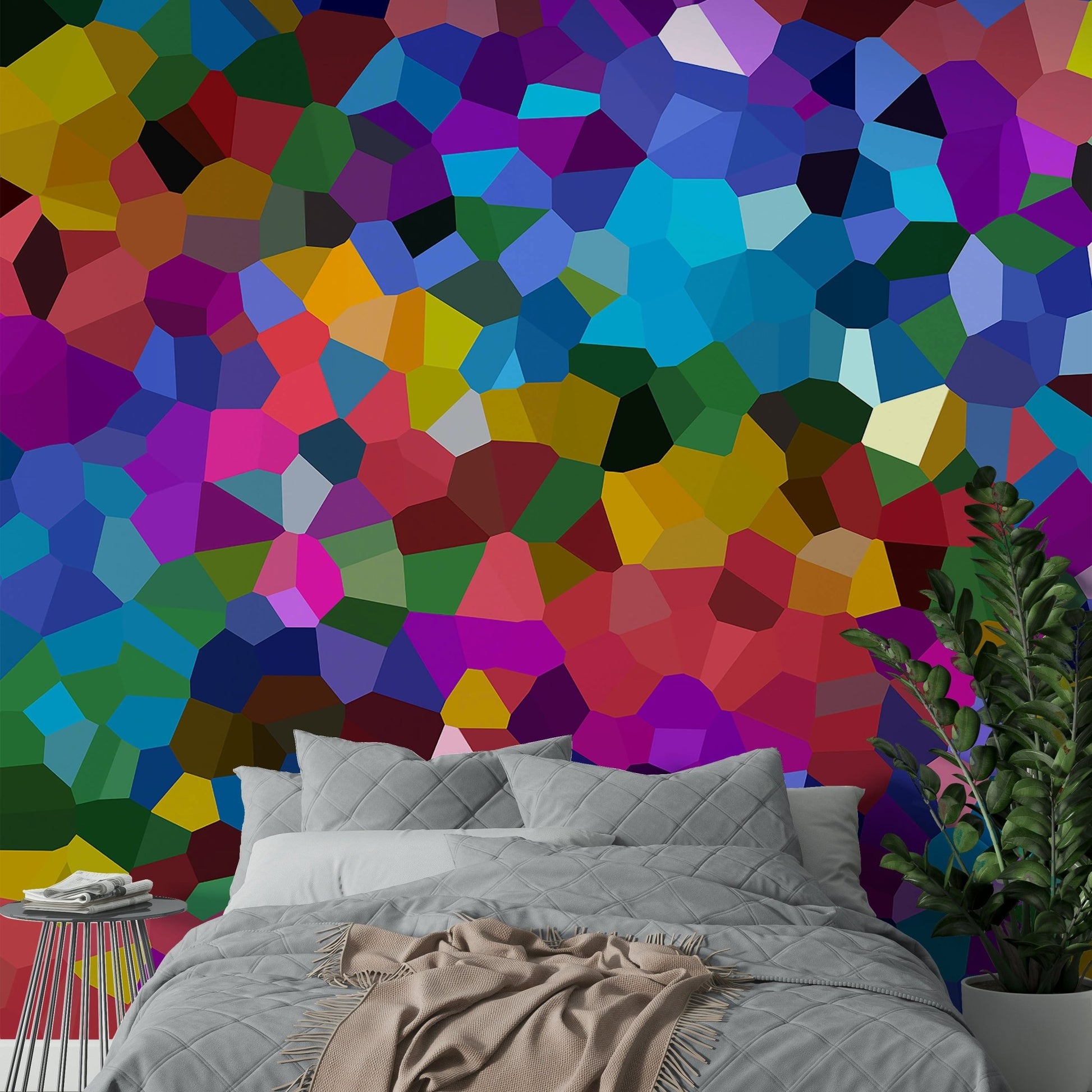 Bold prism-inspired wall mural with fractured forms

