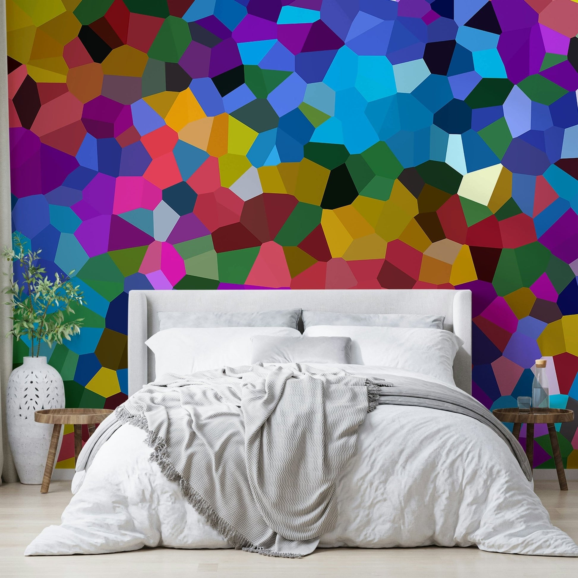 Modern wall design with layered vibrant shapes

