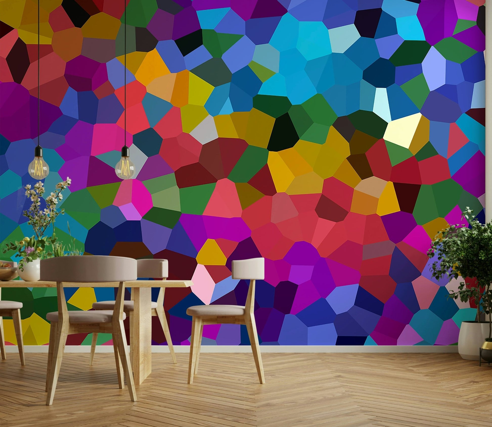 Artistic abstract mural with spectrum-inspired design

