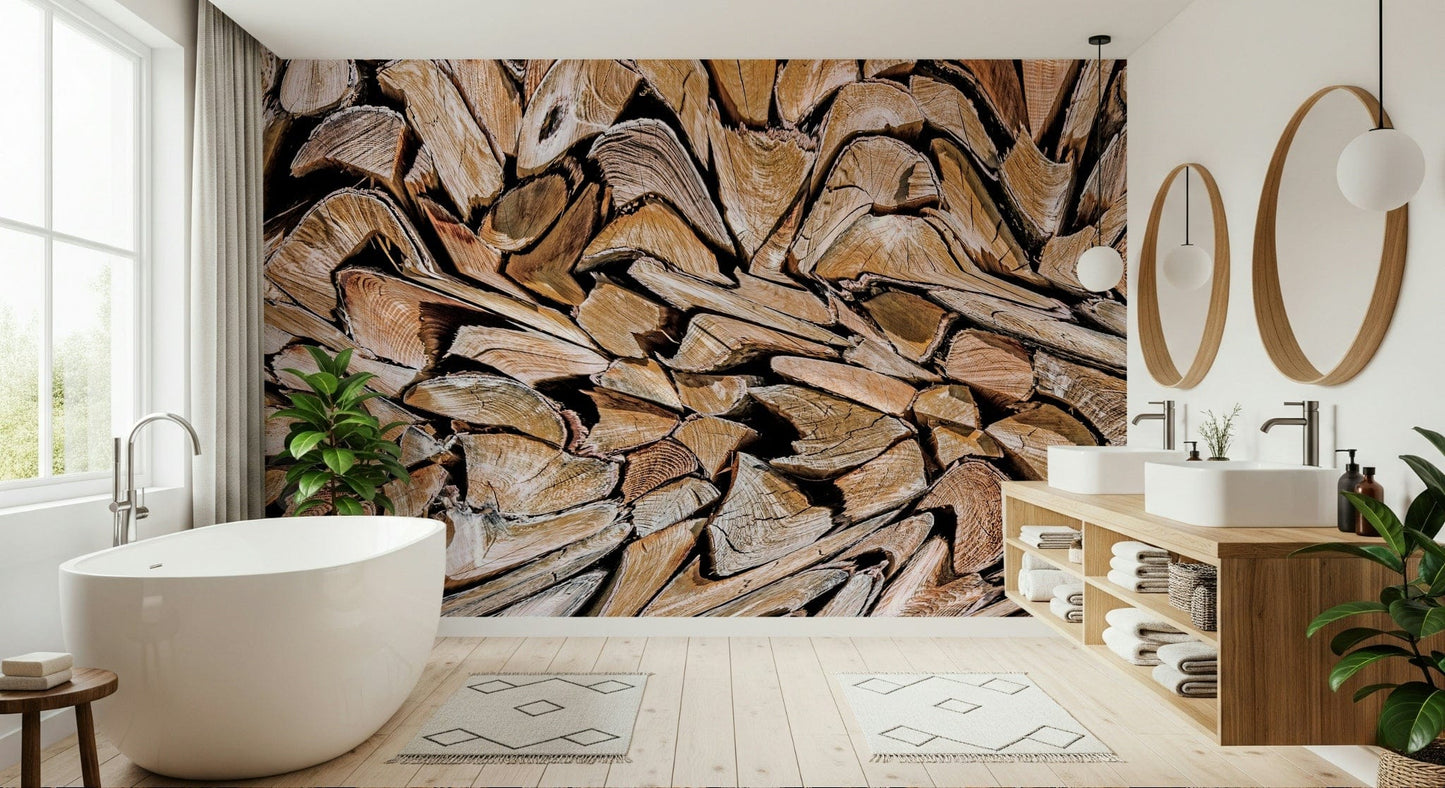 Fractured Timber wallpaper mural of cut logs behind a white freestanding tub and wood vanity in a bathroom