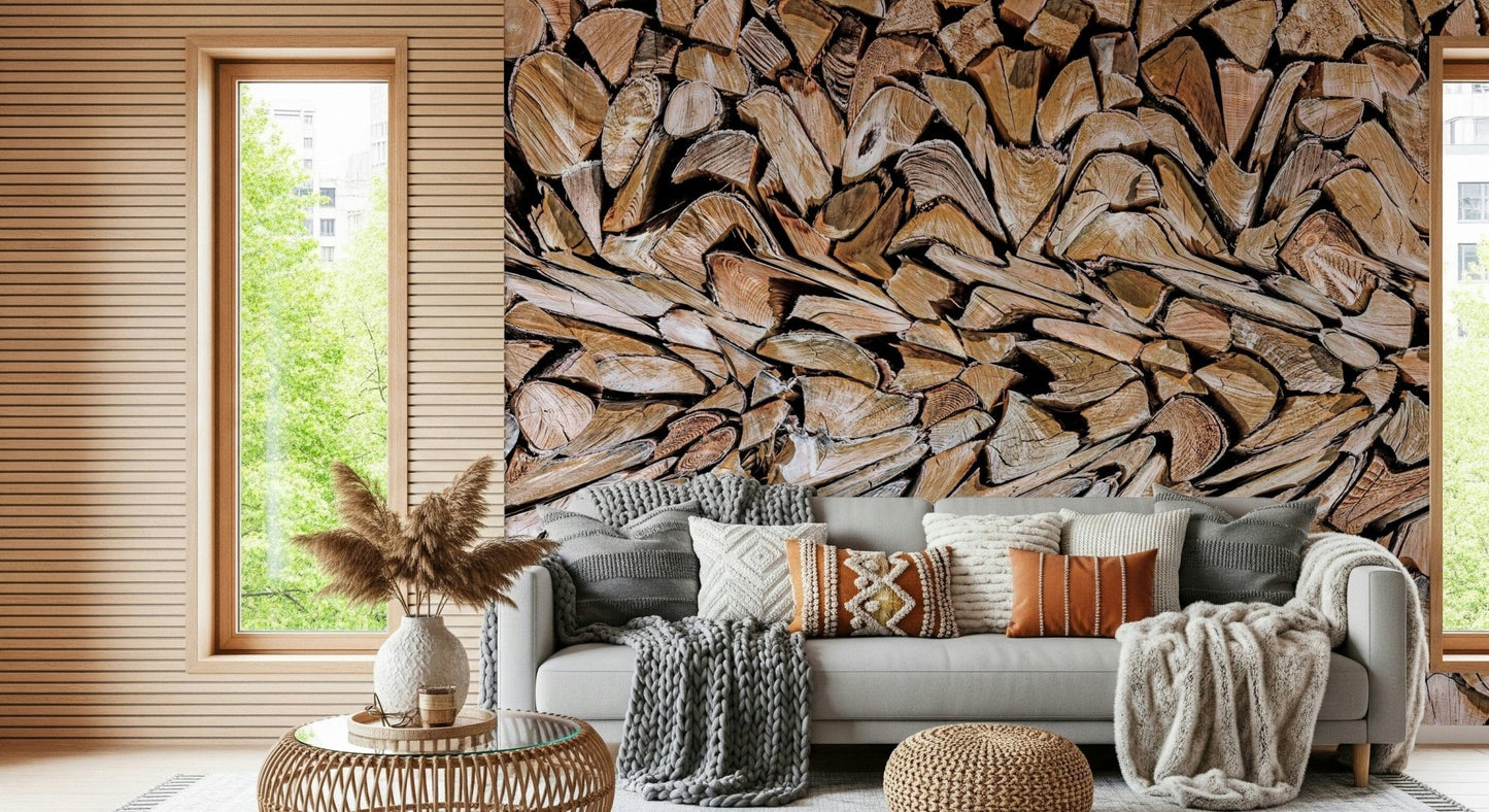 Fractured Timber wallpaper mural of stacked timber behind a gray sofa with boho pillows by a wood window