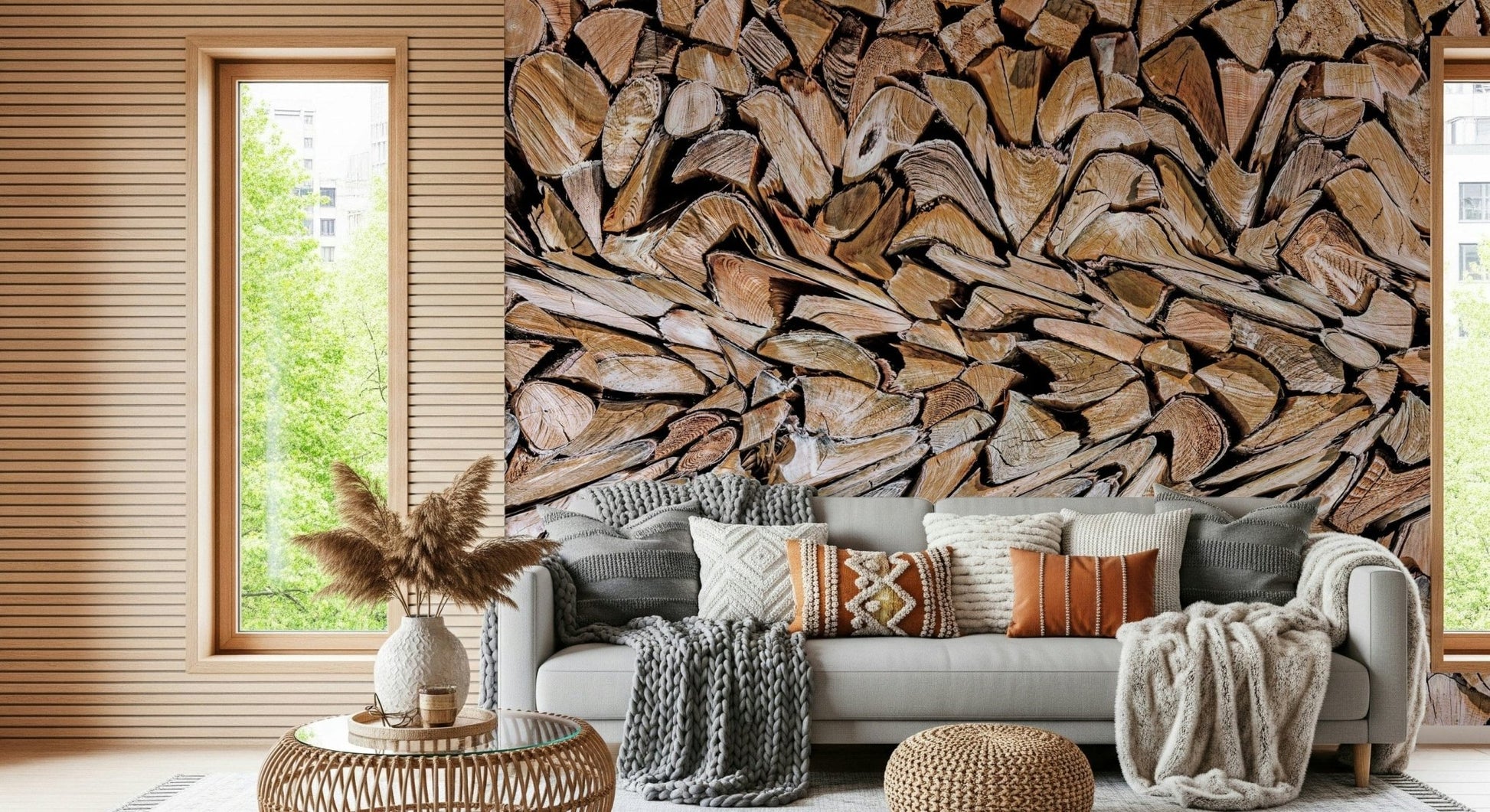 Fractured Timber wallpaper mural of stacked timber behind a gray sofa with boho pillows by a wood window