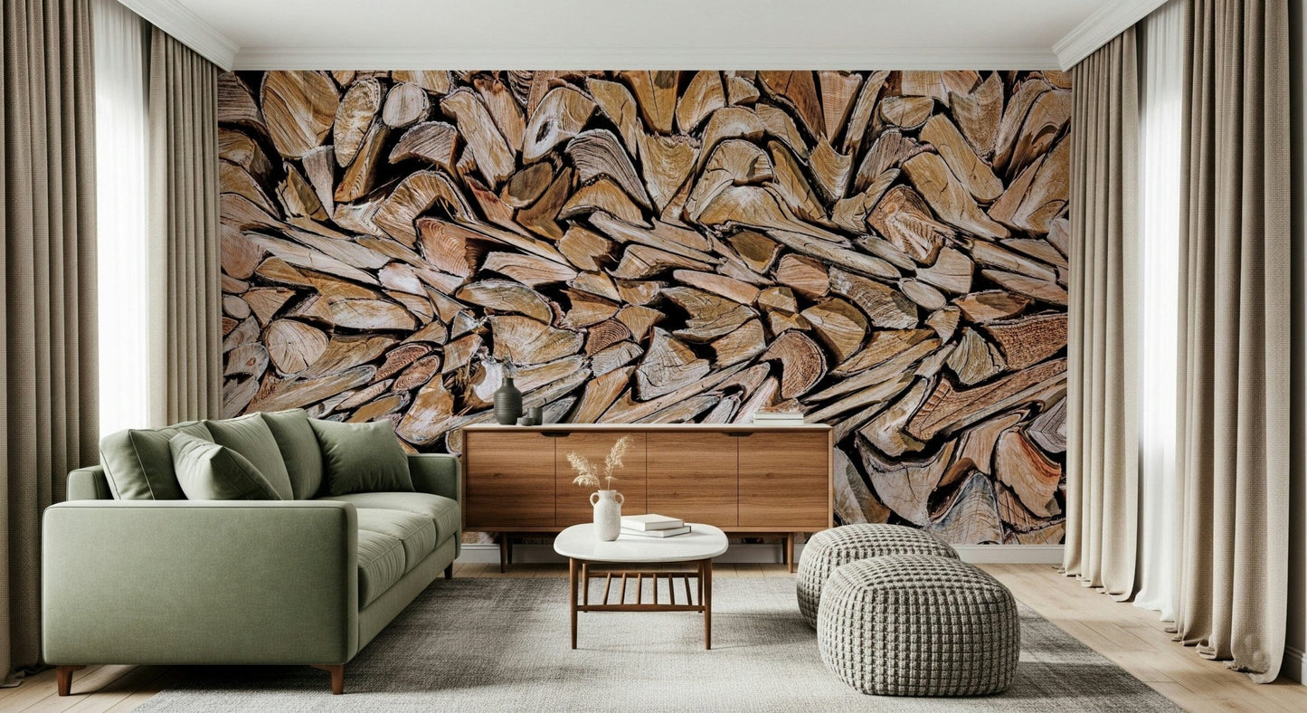Fractured Timber wallpaper mural of split firewood behind a sage green sofa and wood sideboard