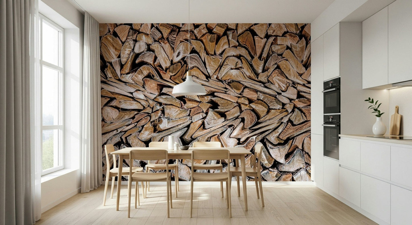 Fractured Timber wallpaper mural of cut logs behind a light wood dining table in a bright white kitchen