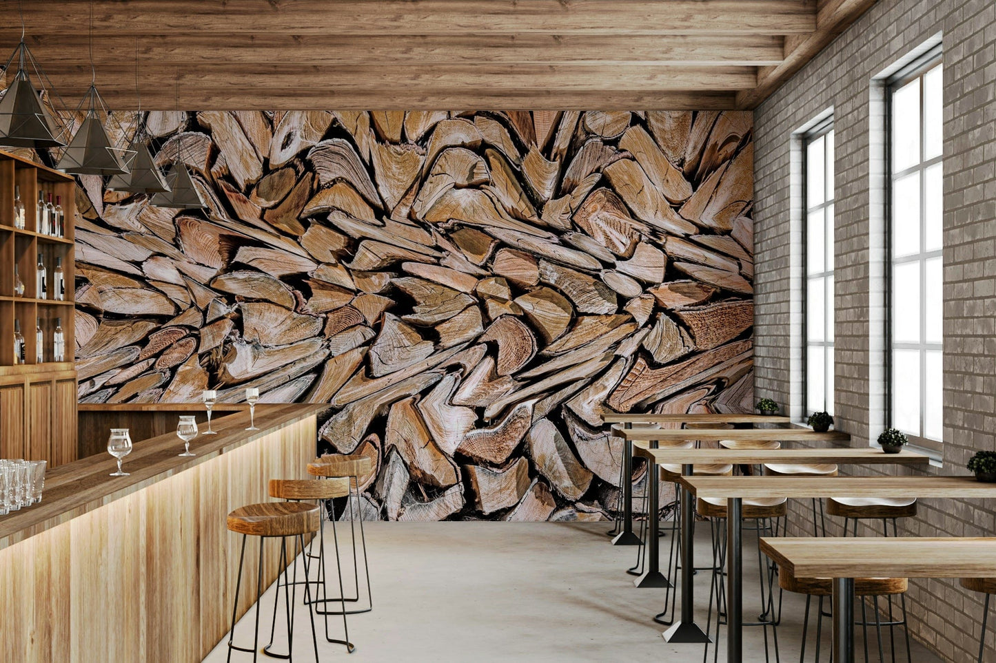 Fractured Timber wallpaper mural of cut logs behind a wood bar counter and stools in a rustic cafe