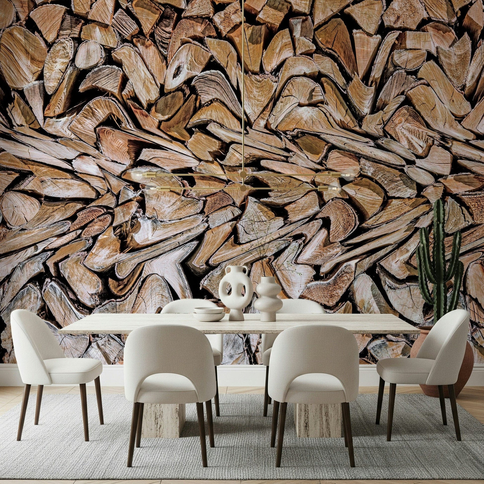 Fractured Timber wallpaper mural of split firewood behind a light wood dining table and cream chairs