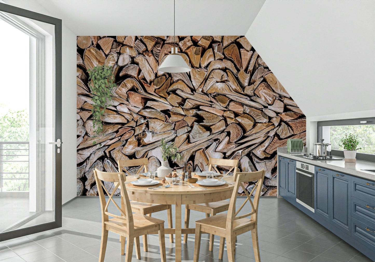 Fractured Timber wallpaper mural of stacked logs behind a round wood table in a kitchen with blue cabinets