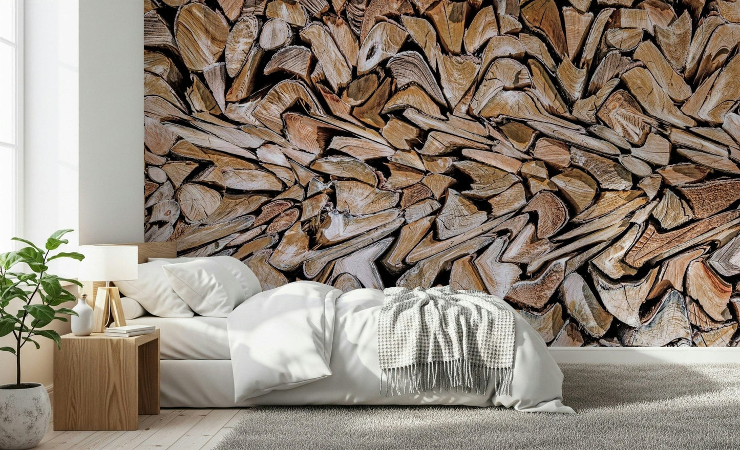 Fractured Timber wallpaper mural of stacked timber behind a white bed and wood nightstand in a bedroom