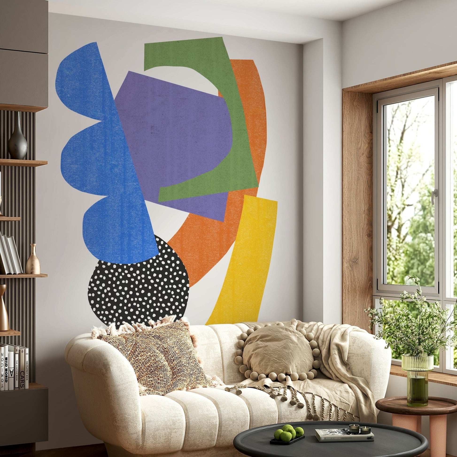 Bold and colorful mural for living rooms or creative spaces

