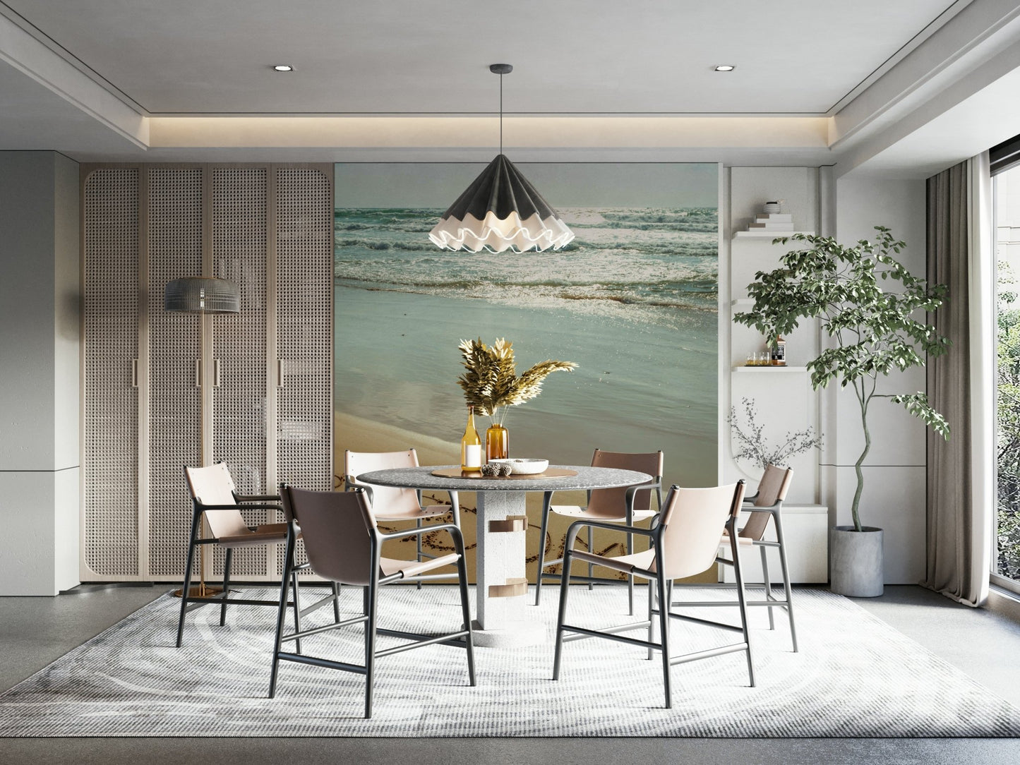 The ocean is in the background with gentle, rolling waves.

