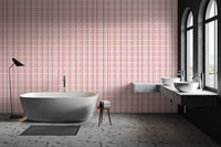 Premium canvas French Dotted Checks Pink Wallpaper in a minimalist bathroom with a standalone bathtub.