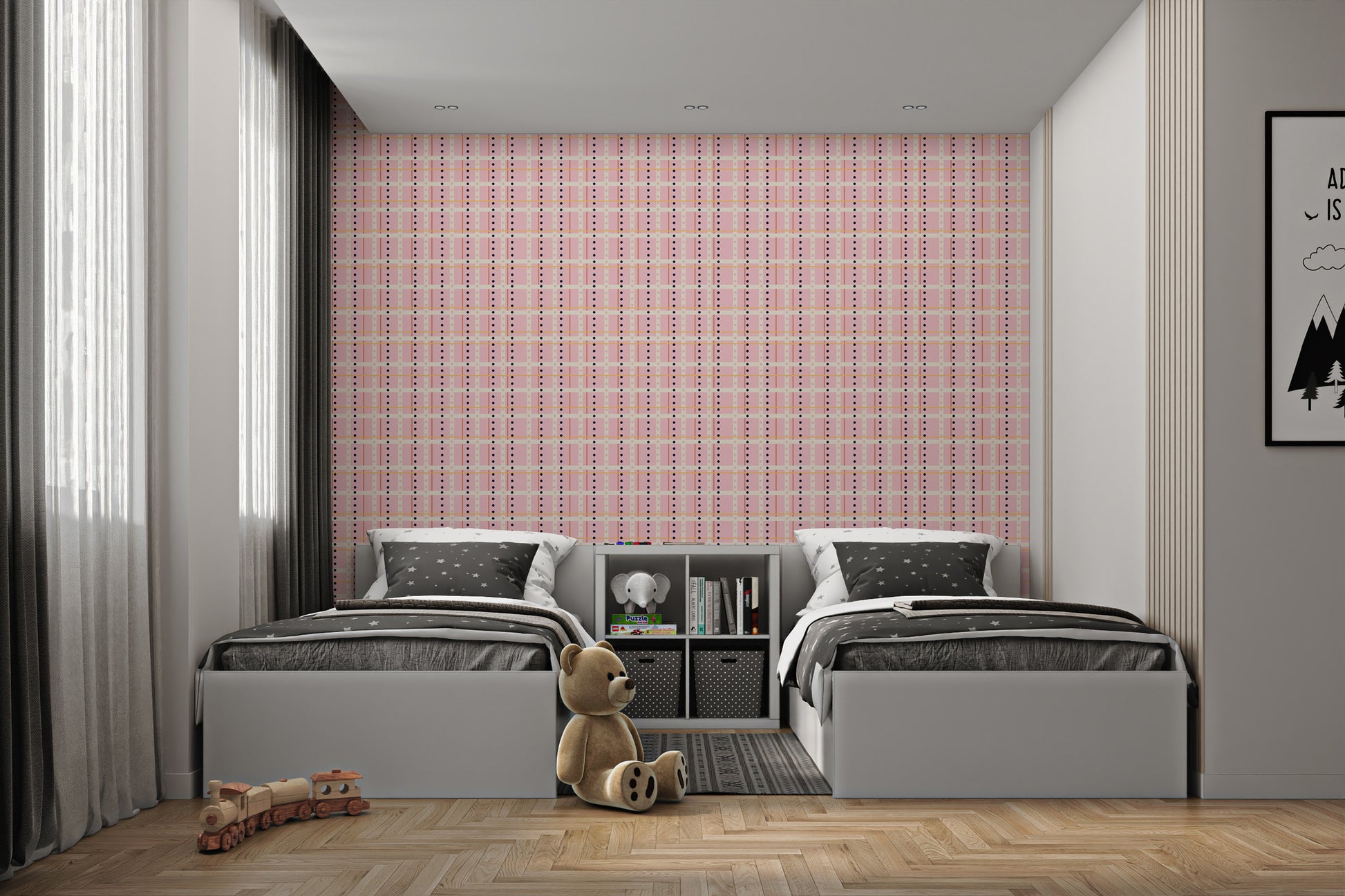 Temporary French Dotted Checks Pink Wallpaper in a twin bedroom setup for a quick, damage-free makeover.