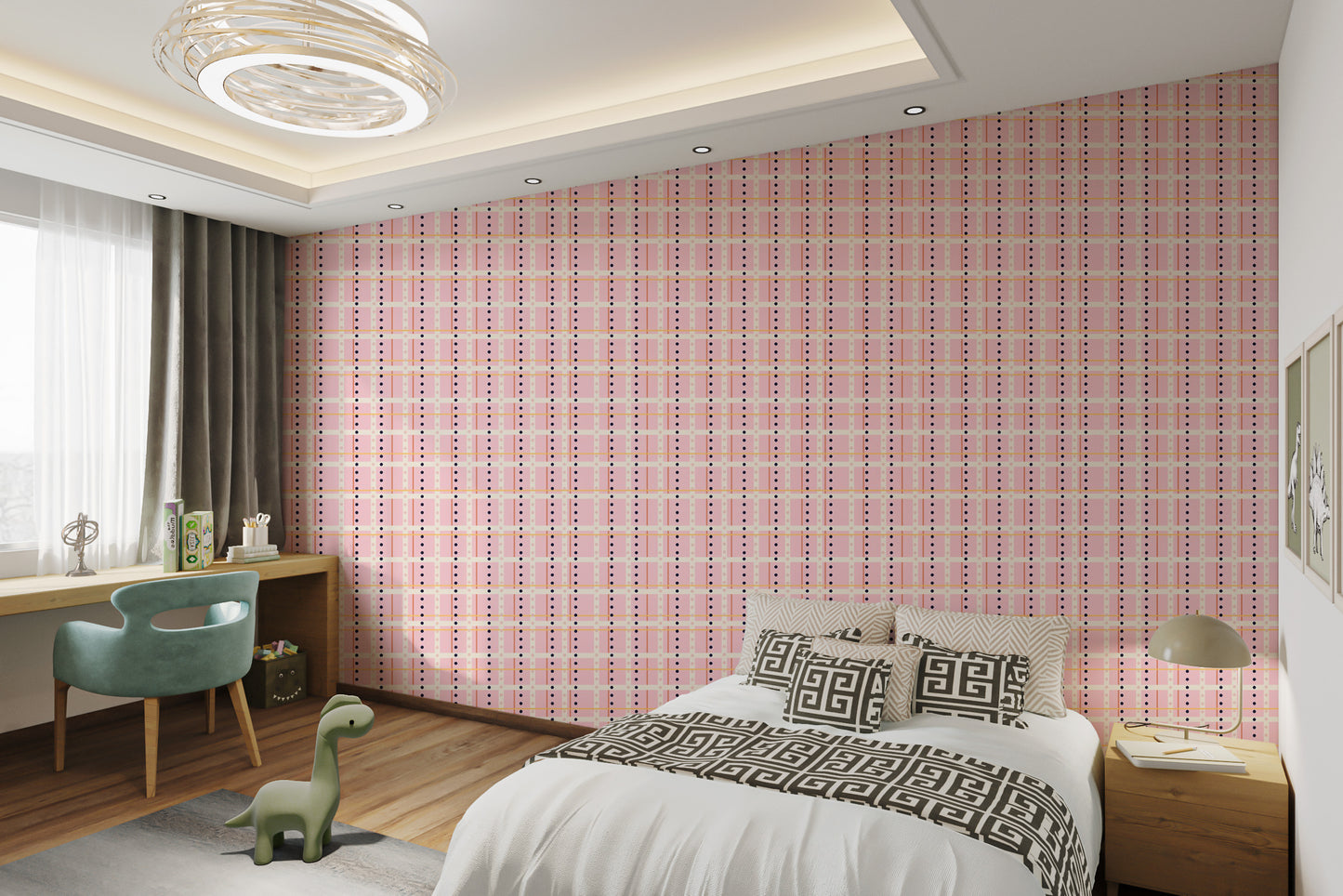 Self adhesive French Dotted Checks Pink Wallpaper in a study area with a wooden desk and a green chair.