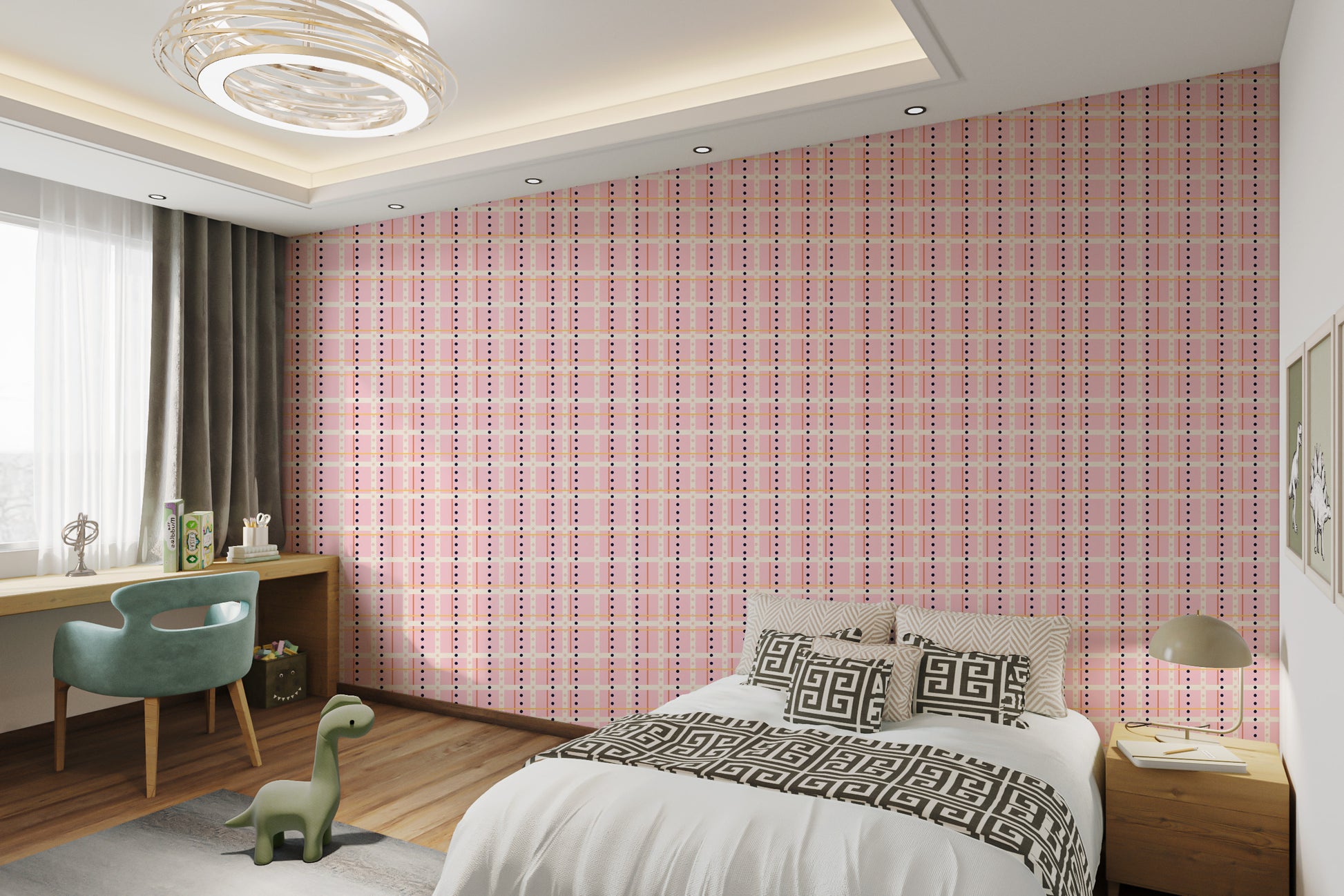 Self adhesive French Dotted Checks Pink Wallpaper in a study area with a wooden desk and a green chair.