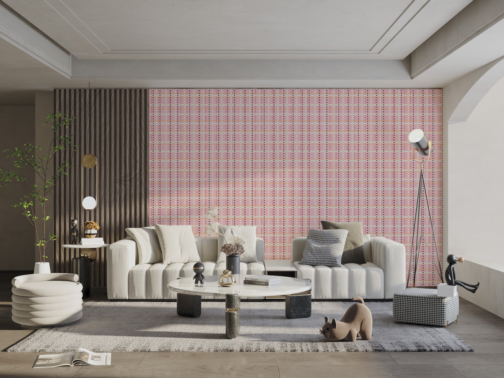 Standard finish French Dotted Checks Pink Wallpaper behind a large light-colored sofa in a modern living room.