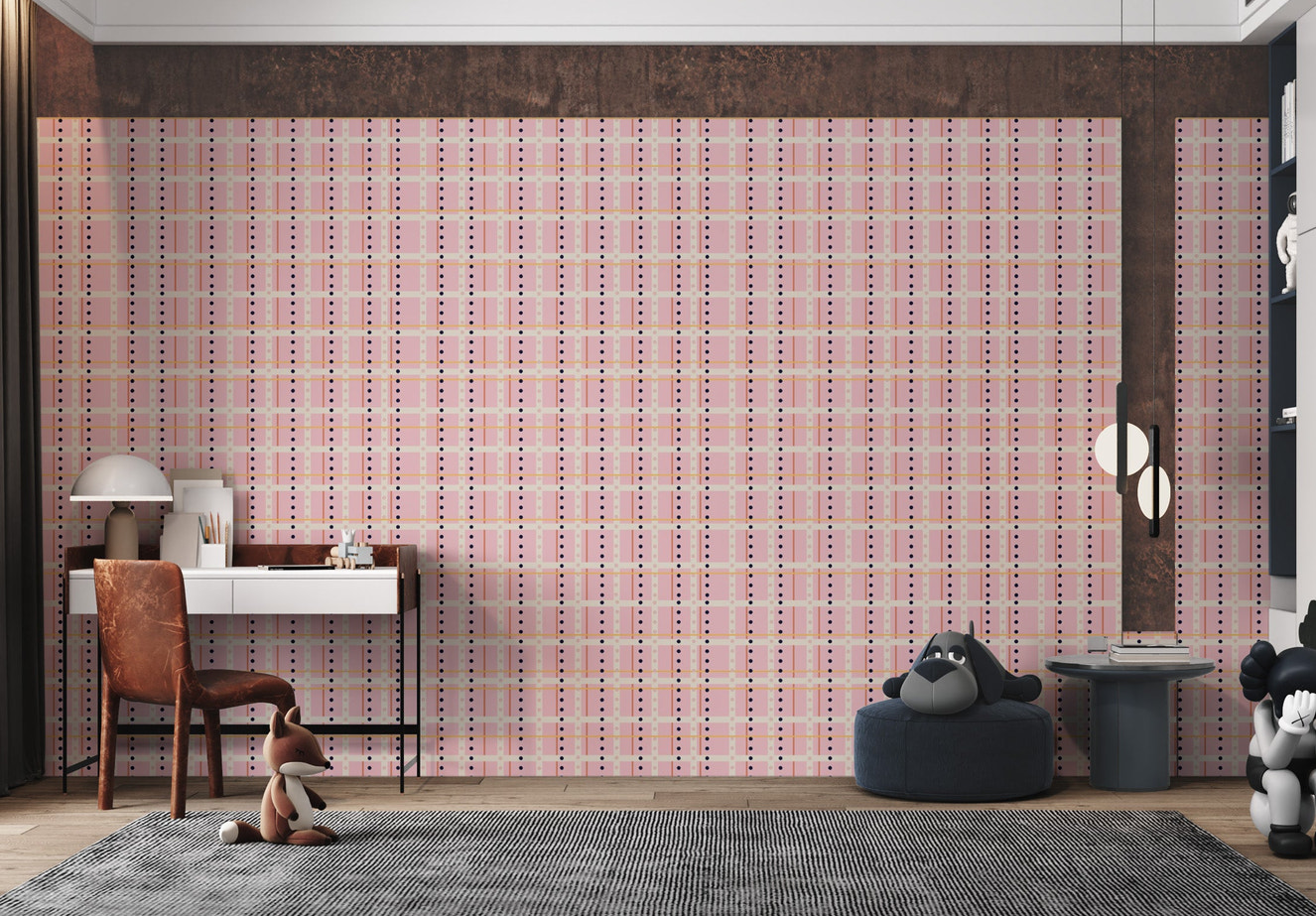 Peel and stick French Dotted Checks Pink Wallpaper in a playroom with a modern desk and large grey rug.