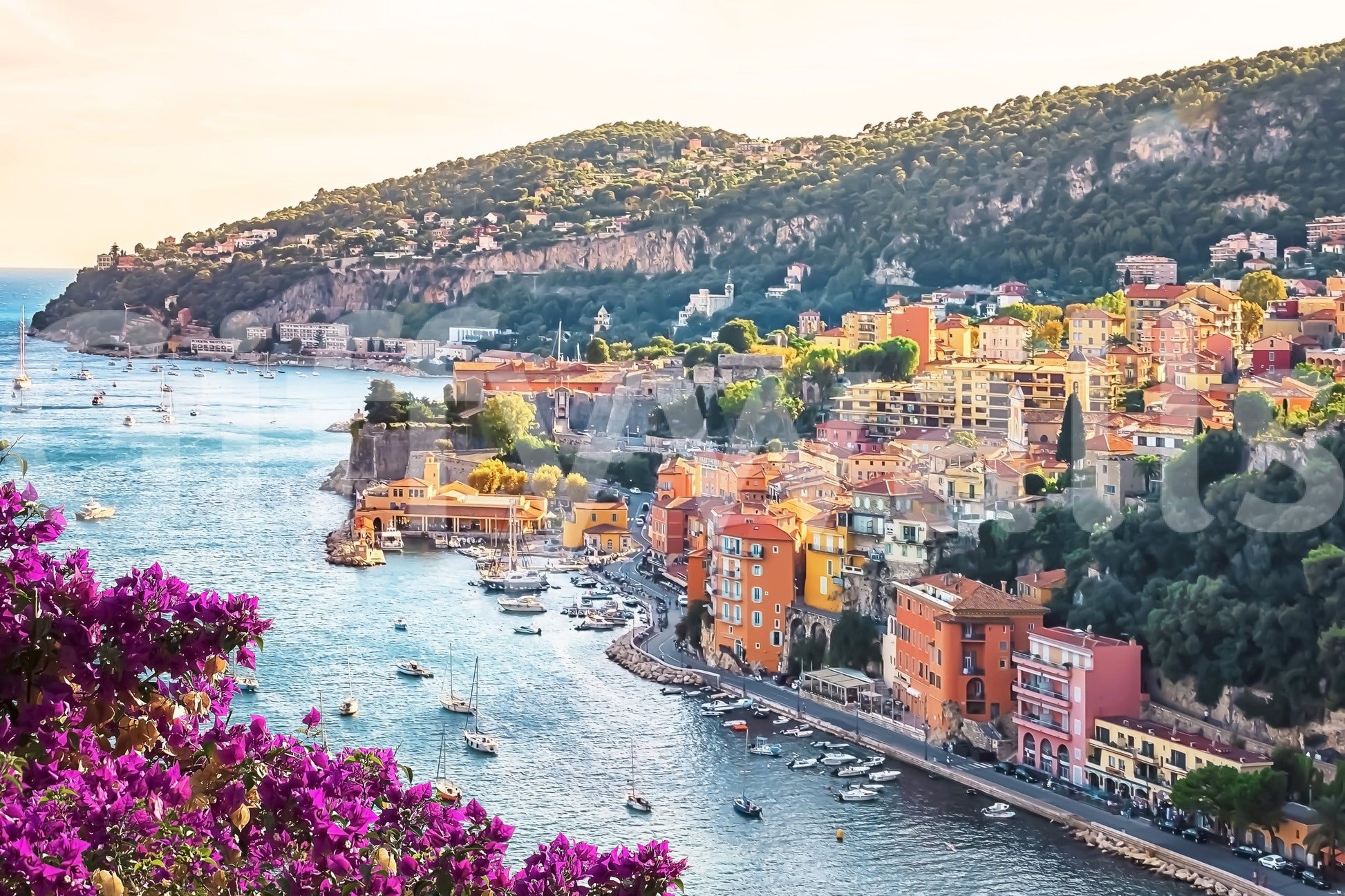 Sunny Italianate buildings Villefranche View wallpaper mural wall decor.