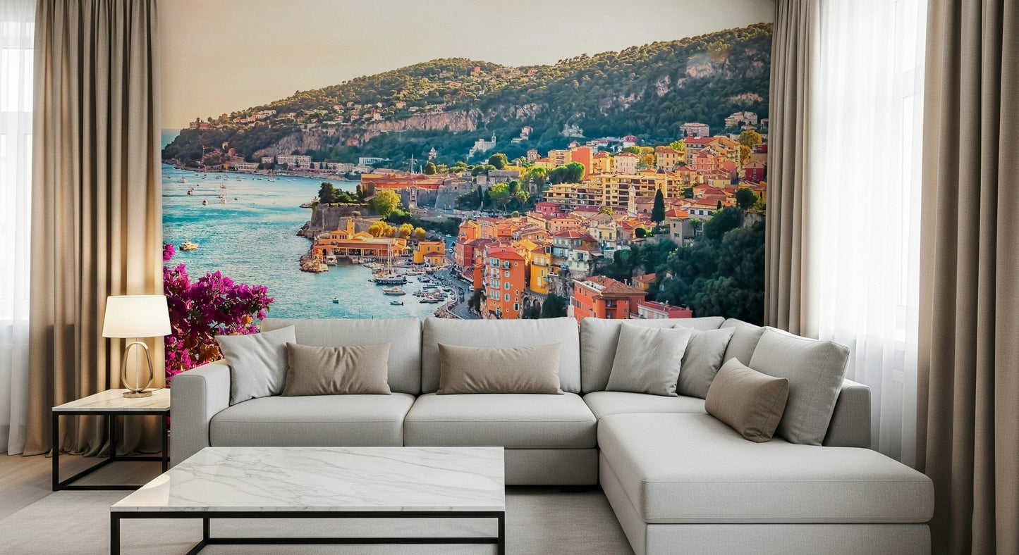 Coastal escape nautical theme Villefranche View peel and stick wallpaper.