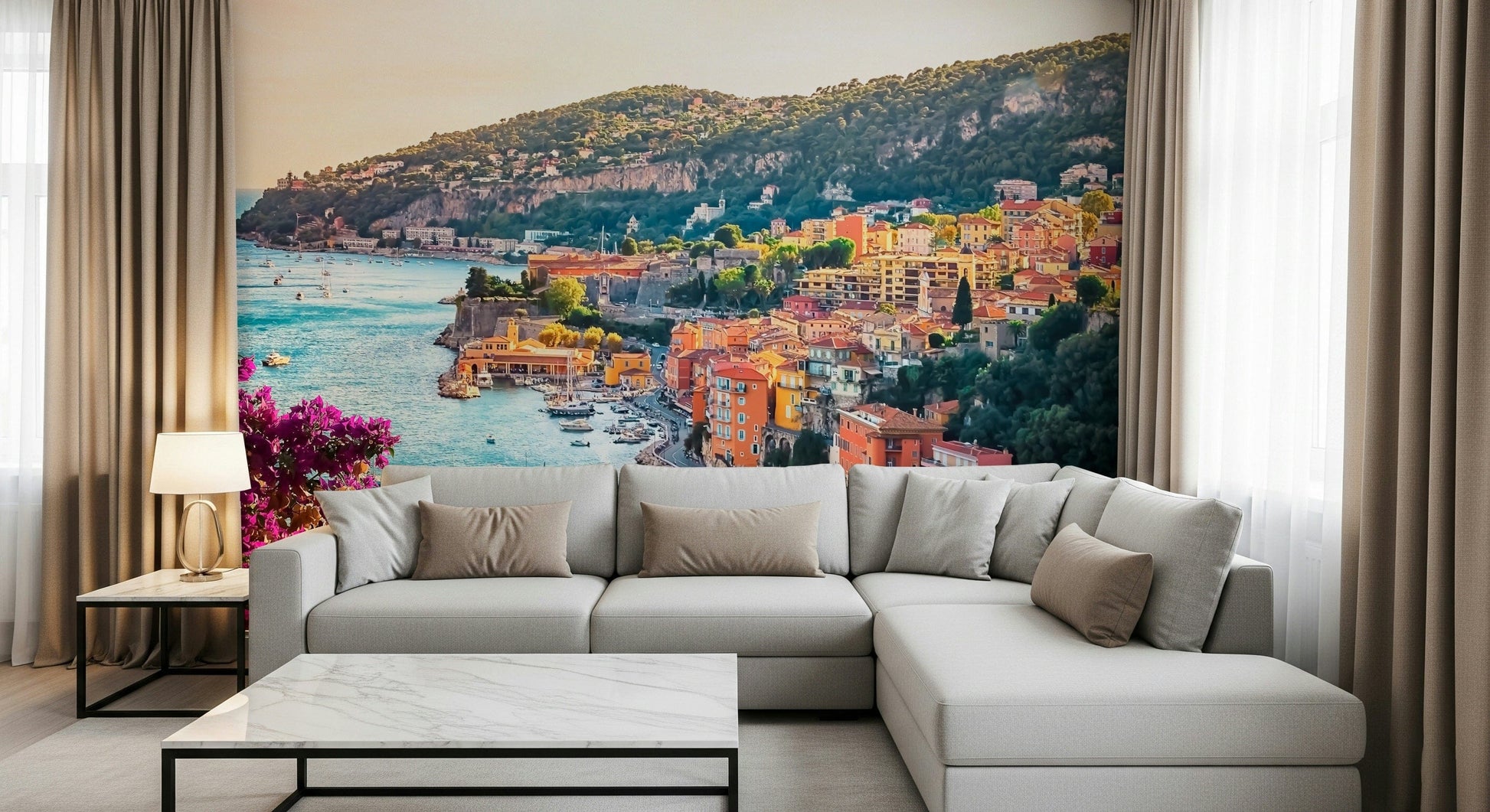 Coastal escape nautical theme Villefranche View peel and stick wallpaper.