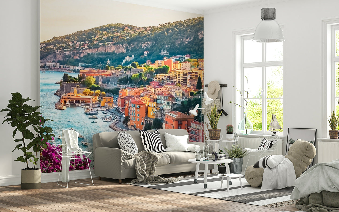 Artistic European village Villefranche View wallpaper mural for lounge.