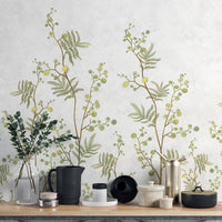 Yellow Flower Decorative wallpaper mural styled as a feature wall in a cosy interior corner in white tones