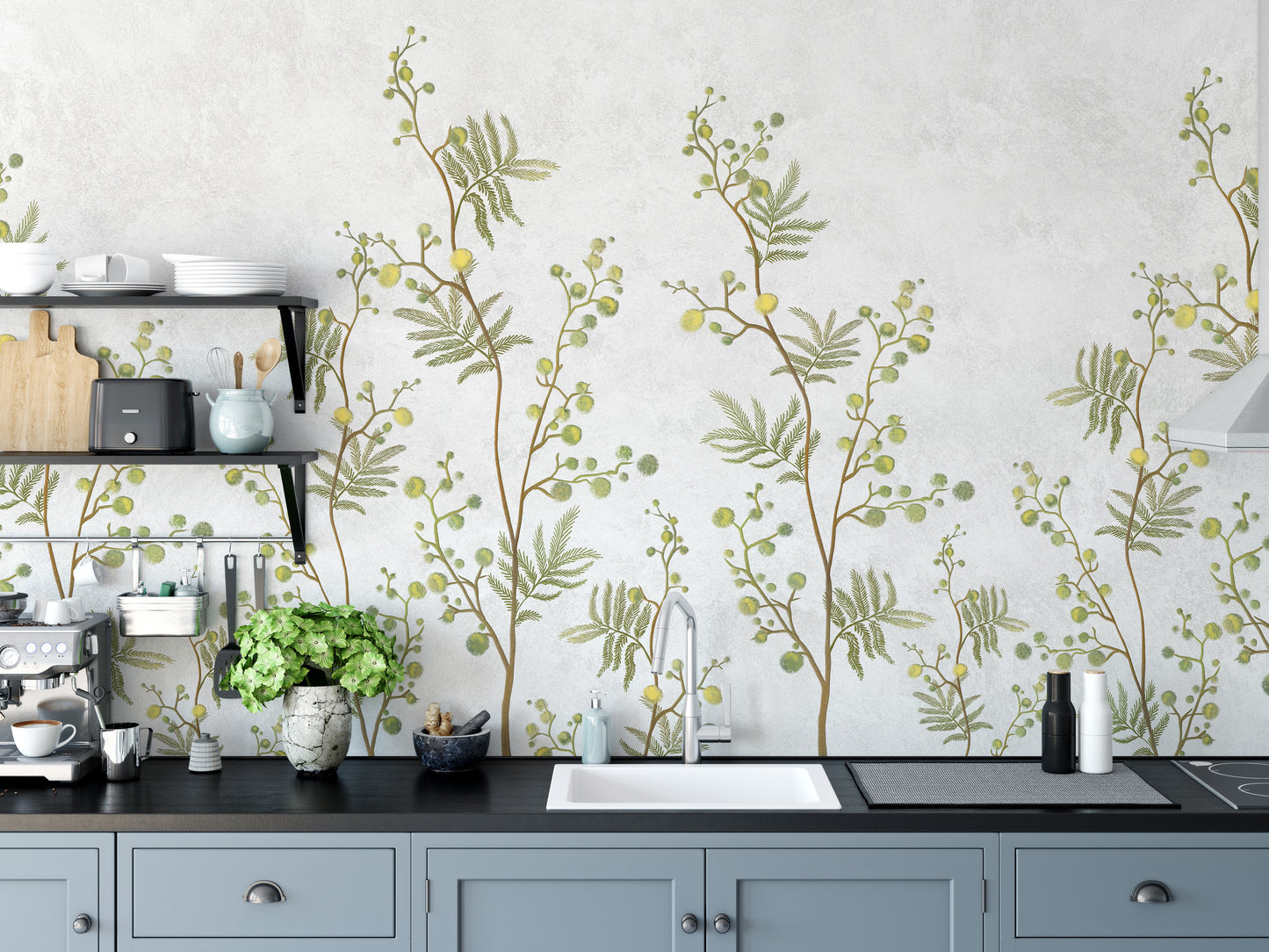 Yellow Flower Decorative wallpaper mural styled along a hallway feature wall near a console in white tones