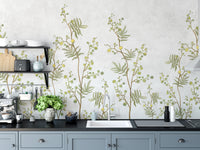 Yellow Flower Decorative wallpaper mural styled along a hallway feature wall near a console in white tones