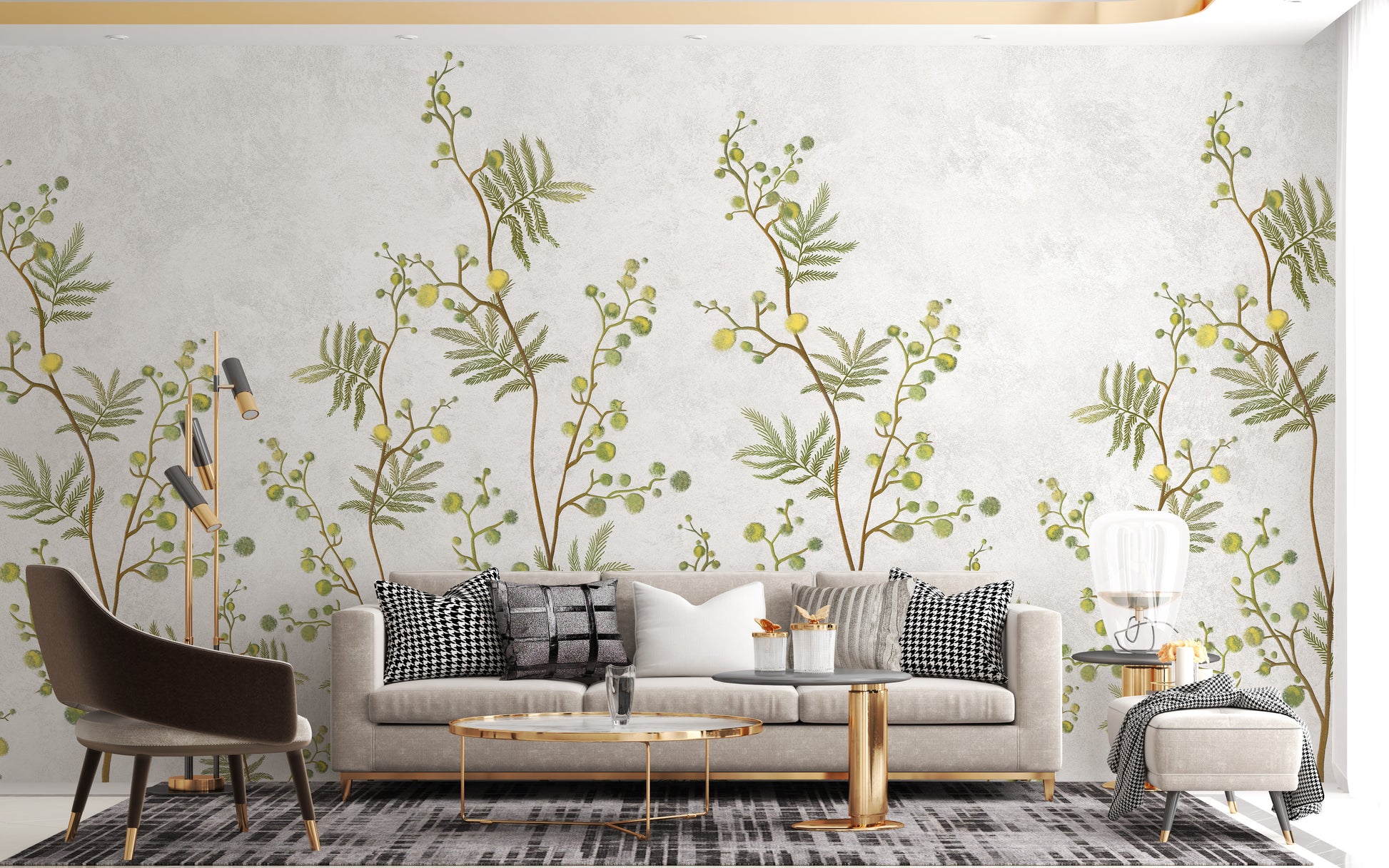 Yellow Flower Decorative wallpaper mural as a feature wall in a home office workspace in white tones