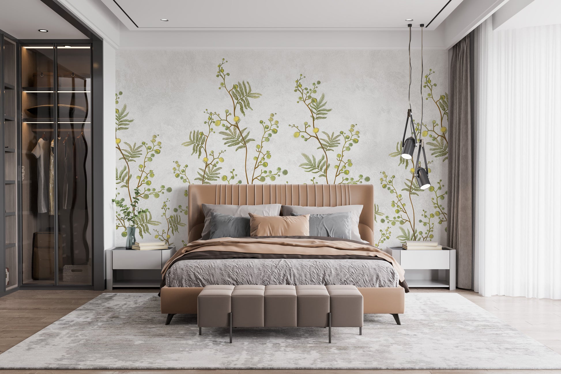Yellow Flower Decorative wallpaper mural styled as a feature wall behind a dining table and chairs in white tones