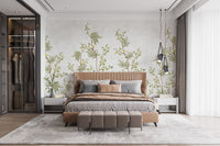 Yellow Flower Decorative wallpaper mural styled as a feature wall behind a dining table and chairs in white tones