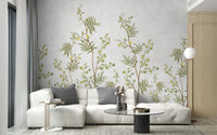 Yellow Flower Decorative wallpaper mural as a bedroom feature wall behind the headboard in white tones