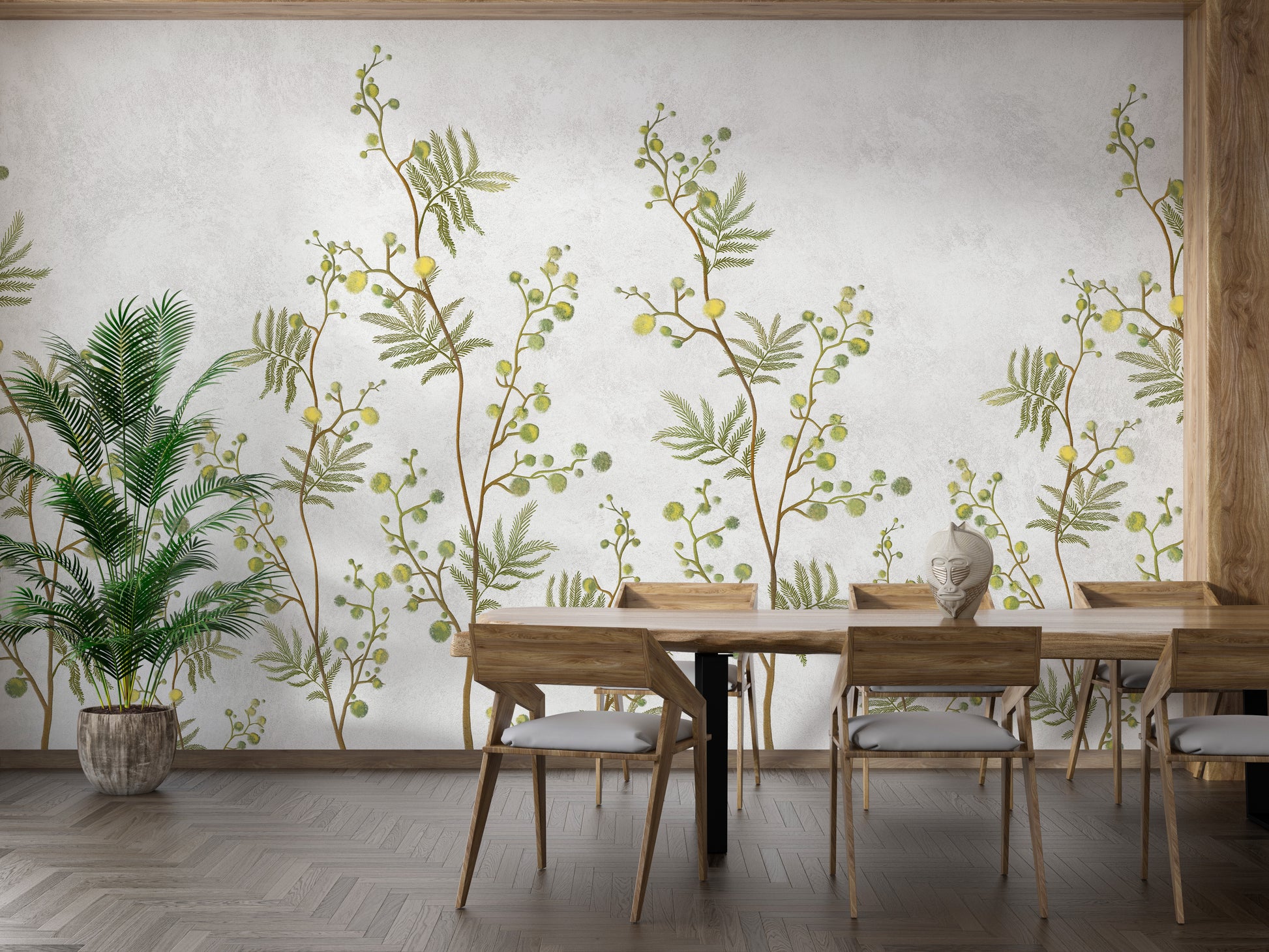 Yellow Flower Decorative wallpaper mural as a feature wall in a bright, contemporary living room in white tones