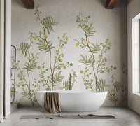 Yellow Flower Decorative wallpaper mural styled as a living room feature wall behind a sofa and seating in white tones