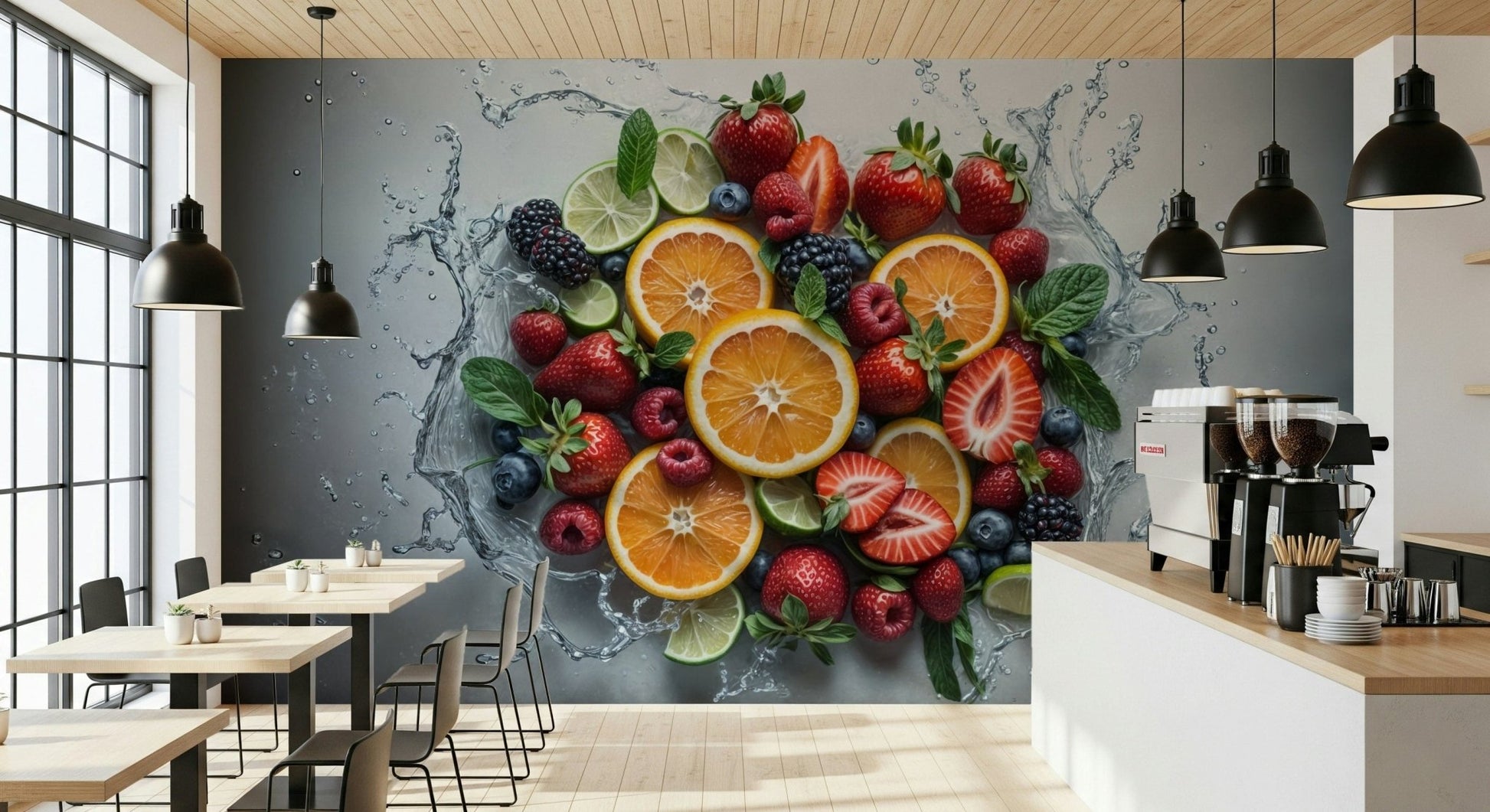 Dynamic liquid splash wallpaper in a minimalist studio apartment.