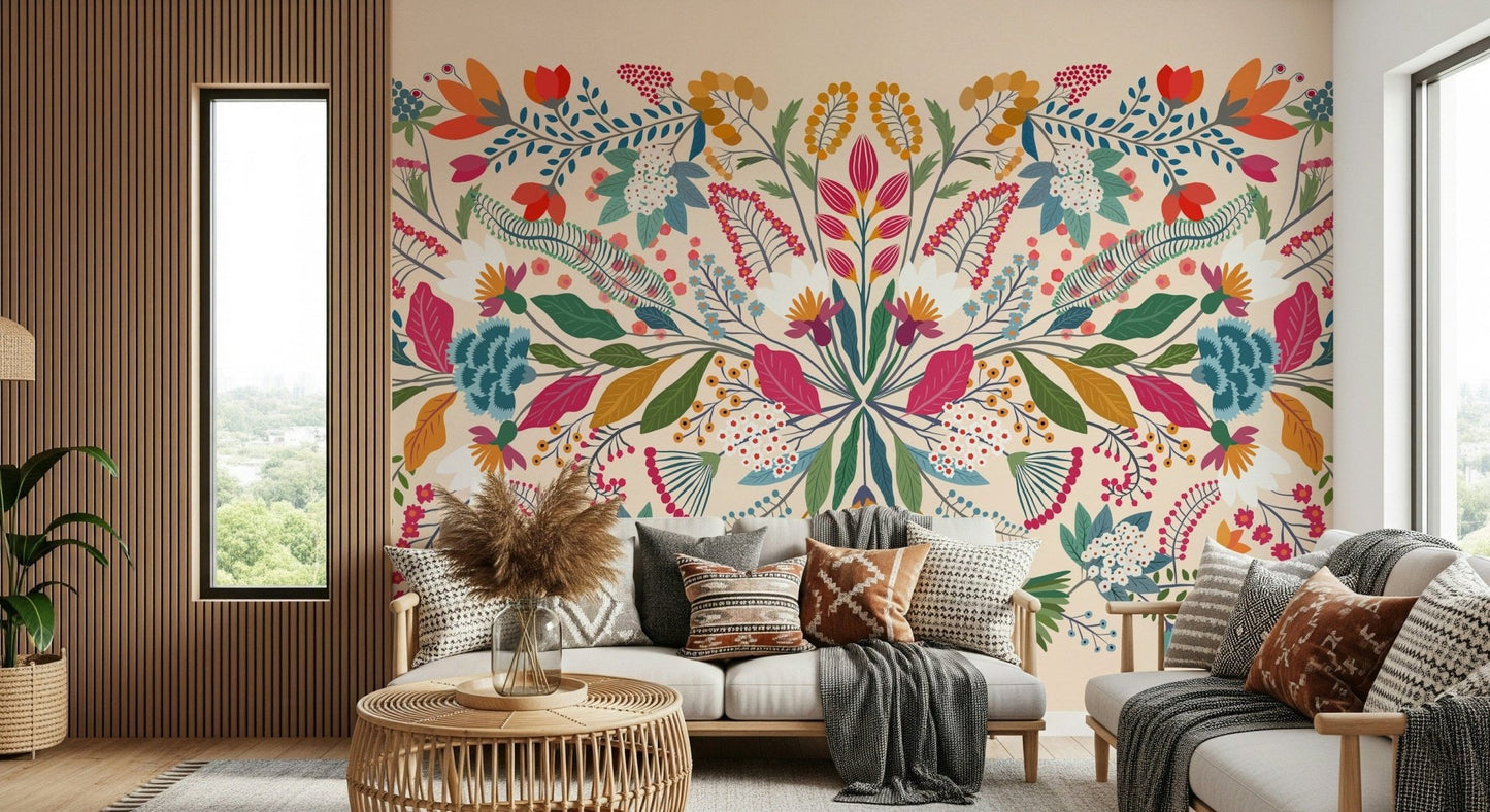 Frida's Garden wallpaper mural behind a grey sofa with throw beside a wood slat accent wall