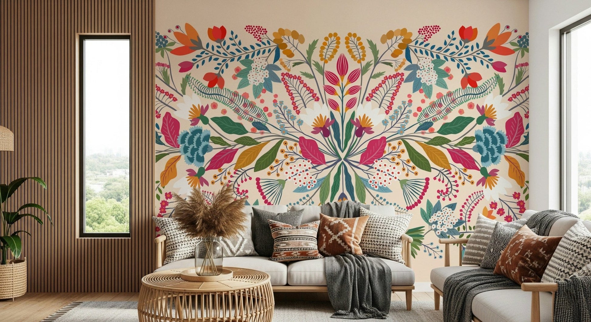 Frida's Garden wallpaper mural behind a grey sofa with throw beside a wood slat accent wall