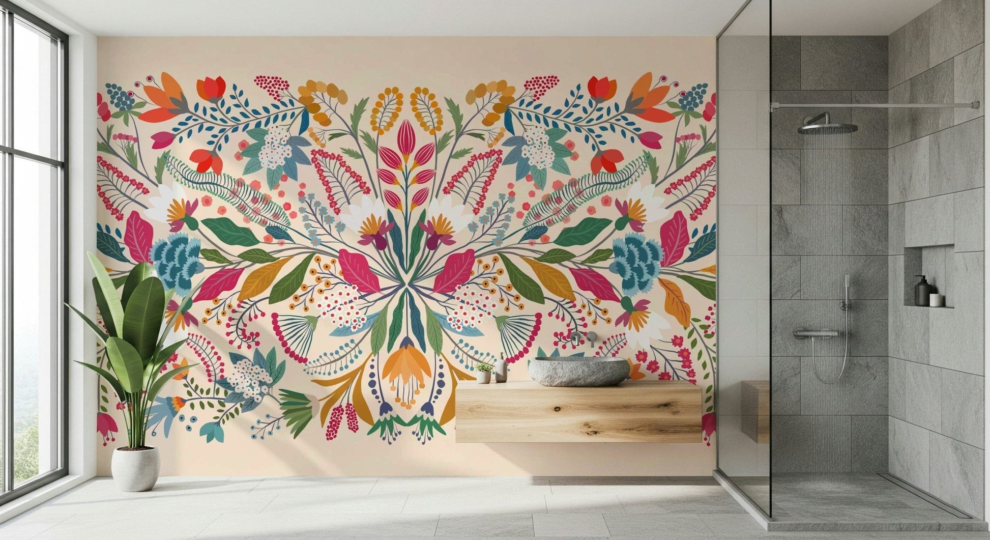 Frida's Garden wallpaper mural in a bathroom with a glass shower and floating wood vanity