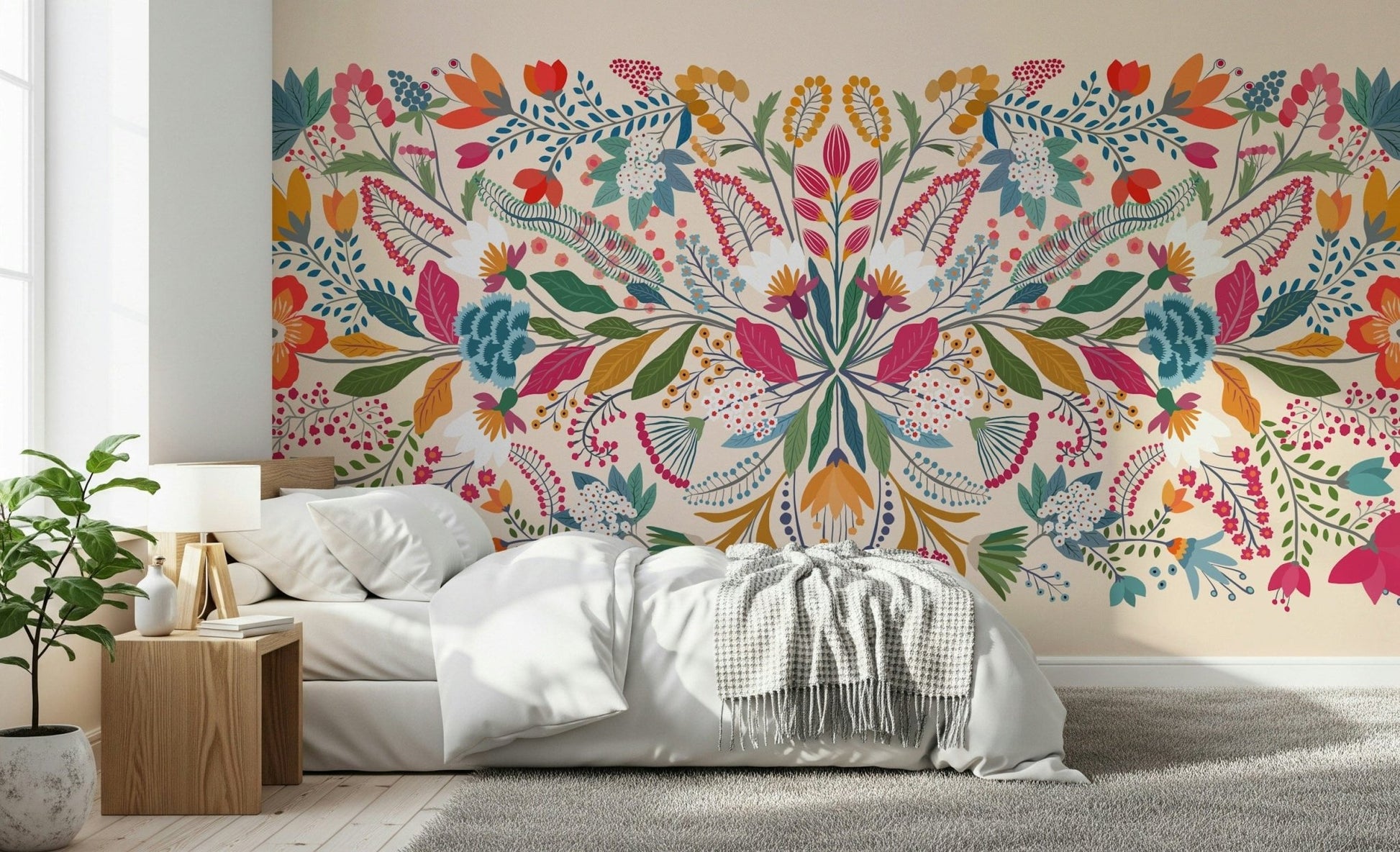 Frida's Garden wallpaper mural of bright folk flowers behind a white bed and wood nightstand